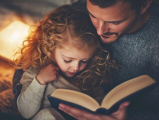 Generative AI, Heartwarming father-daughter bedtime reading on a winter evening