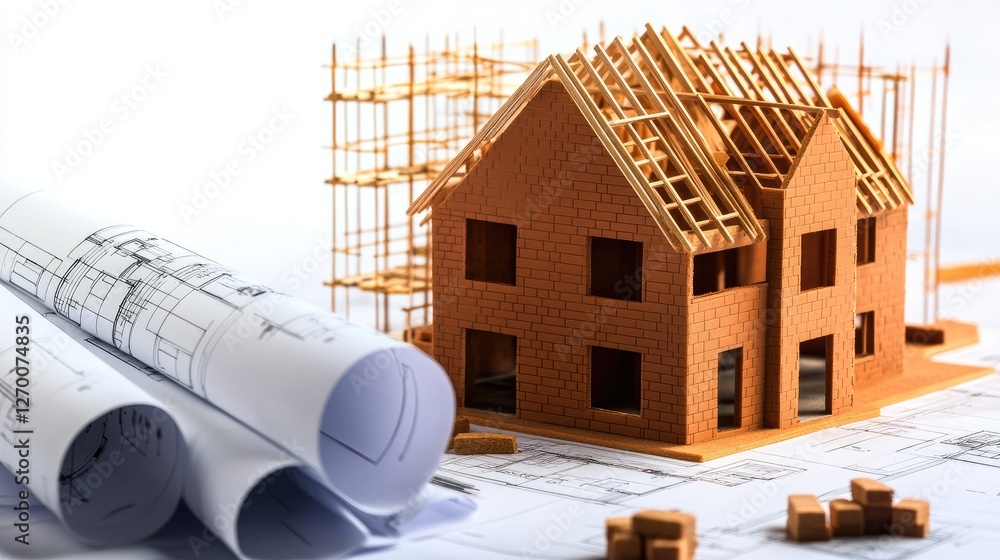 Poster Close-up of a house construction site with bricks, scaffolding, and architectural blueprints, emphasizing the intricate work and planning behind building a home