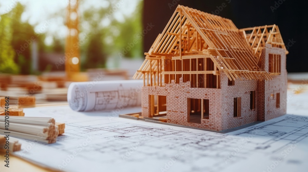 Poster close-up of a house construction site with bricks, scaffolding, and architectural blueprints, emphas