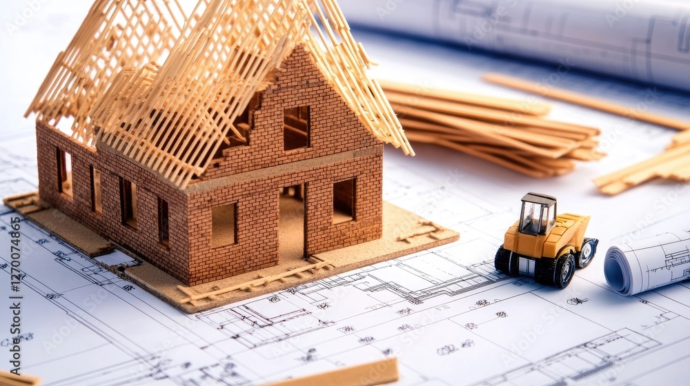 Poster close-up of a house construction site with bricks, scaffolding, and architectural blueprints, emphas