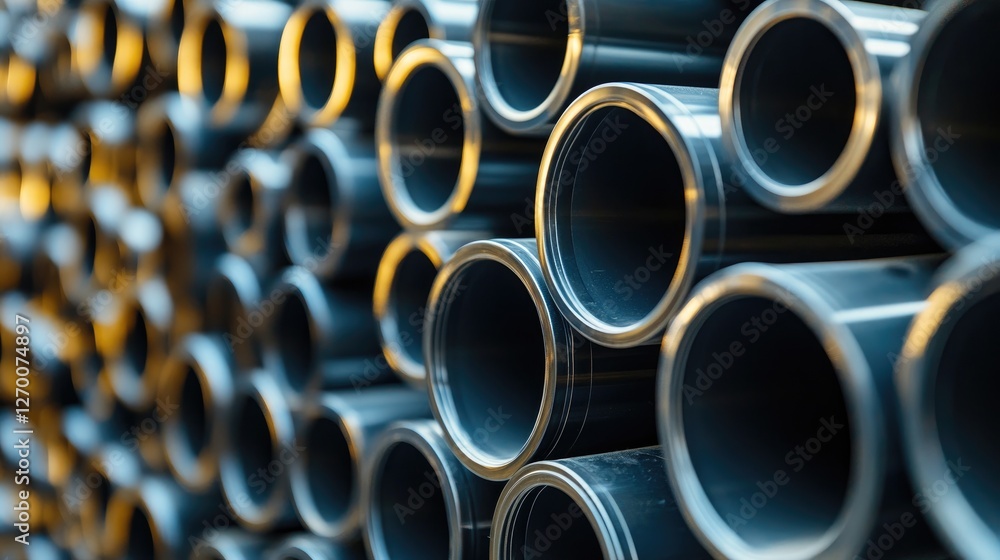 Poster close-up of a large stack of polyethylene pe pipes stored in an industrial plant, highlighting their