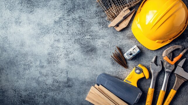 Close-up of a yellow helmet, hand tools, and other construction items on a grey background, celebrating the contributions of workers on Labor Day