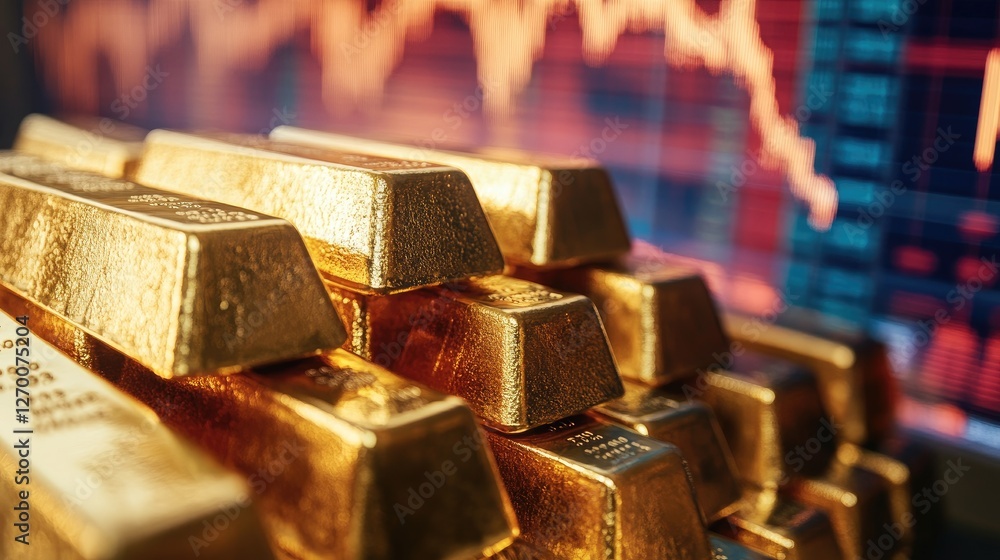 Aufkleber close-up of gold bars stacked on a display with a financial chart behind them, signifying prosperity