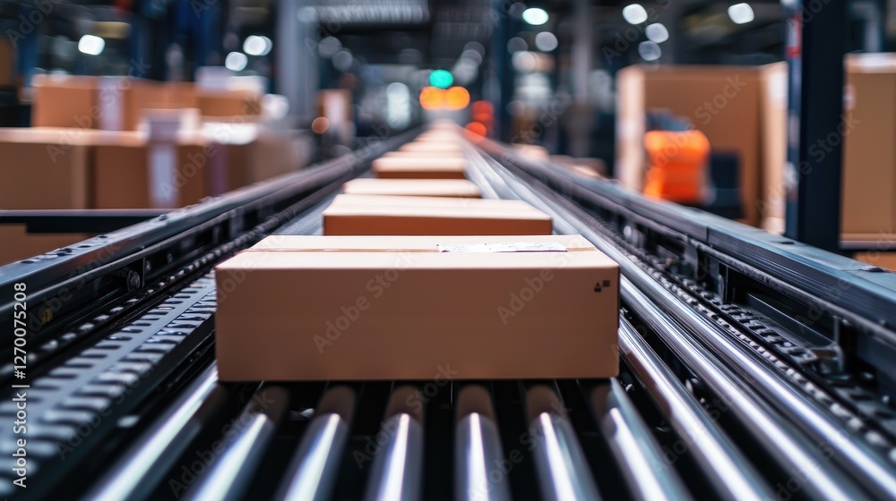 Poster close-up of conveyor belts moving neatly packaged goods for shipping, showcasing the efficiency and 