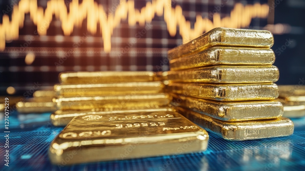 Aufkleber close-up of gold bars stacked on a display with a financial chart behind them, signifying prosperity