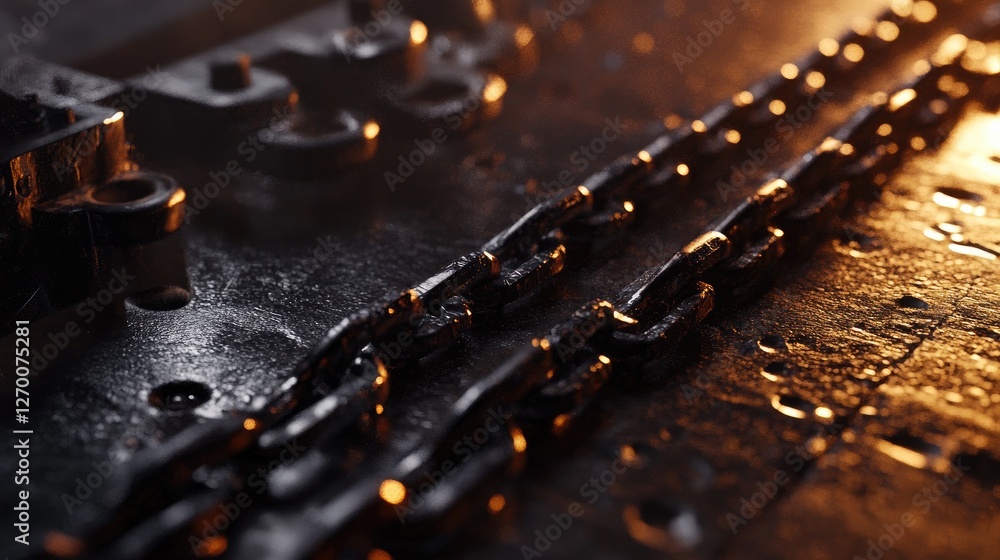 Poster close-up of heavy metal chains on an industrial workbench, capturing the reflective surface and craf
