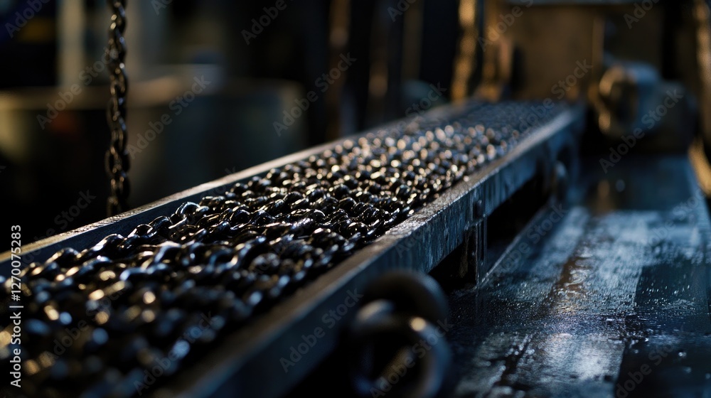 Poster close-up of heavy metal chains on an industrial workbench, capturing the reflective surface and craf