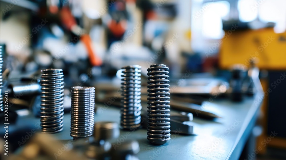 Poster close-up of metal springs alongside tools in a well-organized industrial workshop, focusing on the c
