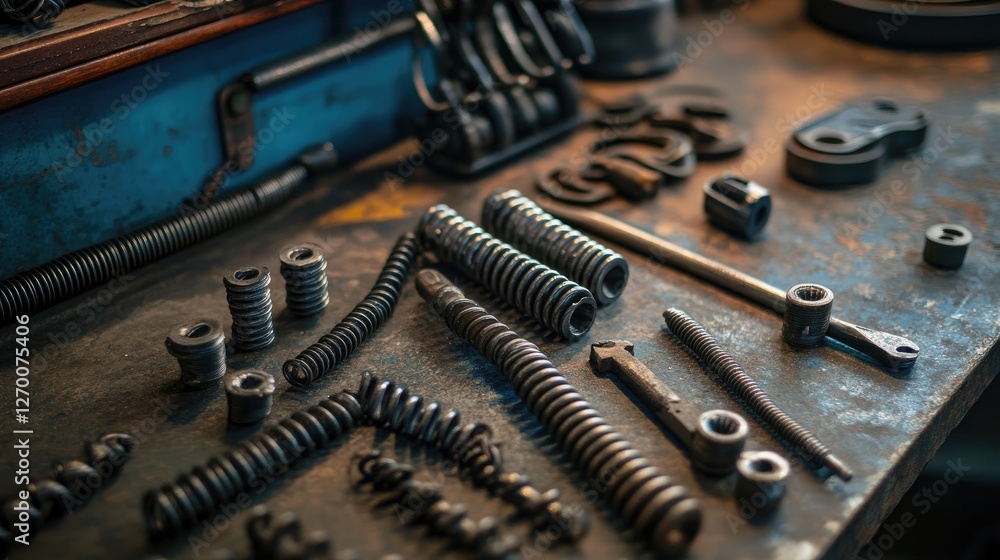 Poster close-up of metal springs alongside tools in a well-organized industrial workshop, focusing on the c