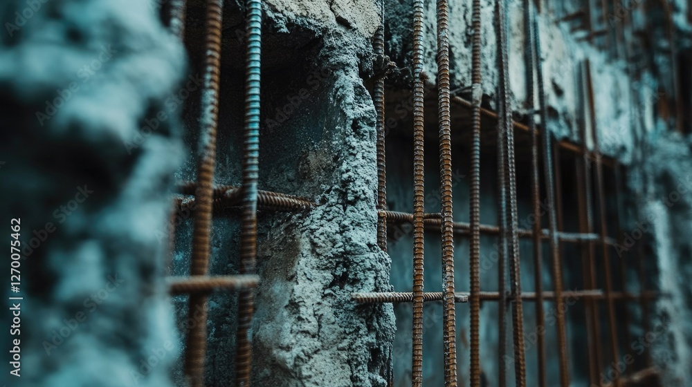 Poster Close-up of rebar and formwork arranged in a foundation pit, ready for concrete, showcasing the detailed and meticulous preparation process.