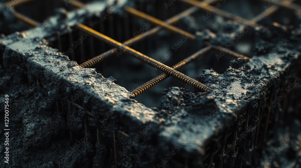 Poster Close-up of rebar and formwork arranged in a foundation pit, ready for concrete, showcasing the detailed and meticulous preparation process.