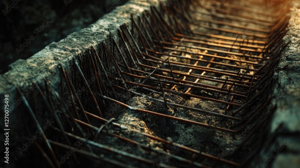 Poster close-up of rebar and formwork carefully arranged in a foundation pit, ready for the next step in th