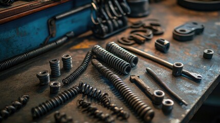 Close-up of metal springs alongside tools in a well-organized industrial workshop, focusing on the craftsmanship and detail in mechanical components.