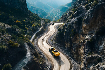 Drone Captures a Winding Mountain Road with Heavy Machinery in a Dramatic Landscape
