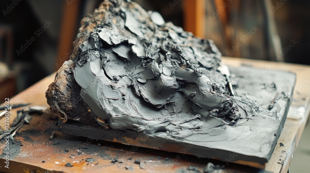 Poster Close-up of sculpting tools deeply embedded in a block of clay, placed on a workbench, showcasing the rawness and dedication of the creative process