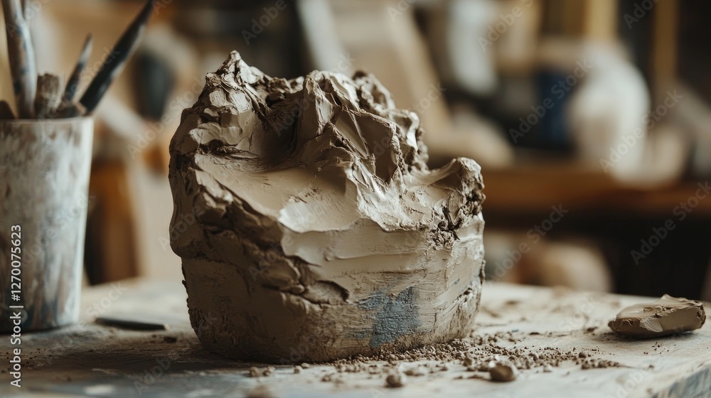 Poster Close-up of sculpting tools deeply embedded in a block of clay, placed on a workbench, showcasing the rawness and dedication of the creative process