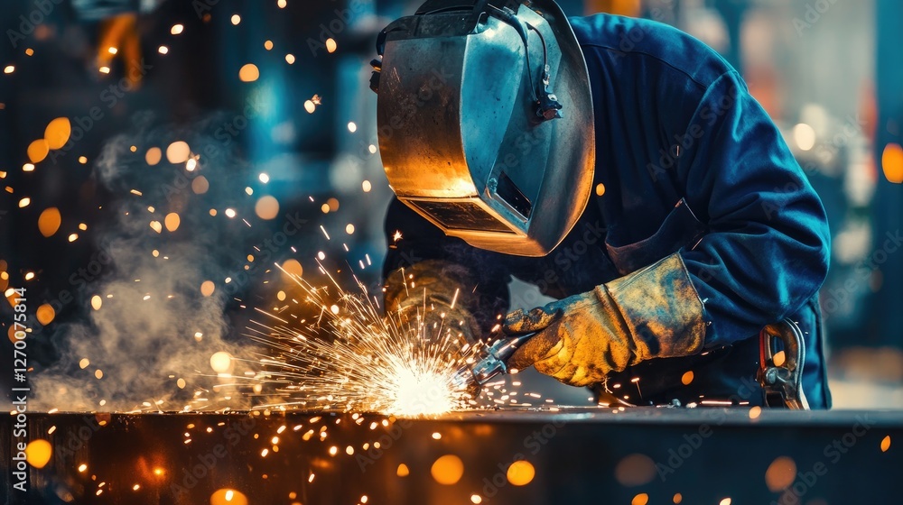 Poster close-up shot of a welder in action, sparks flying from the metal as they work with precision, surro