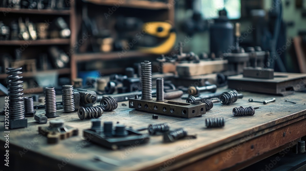 Poster close-up view of an industrial workshop workbench with metal springs and various tools, emphasizing 