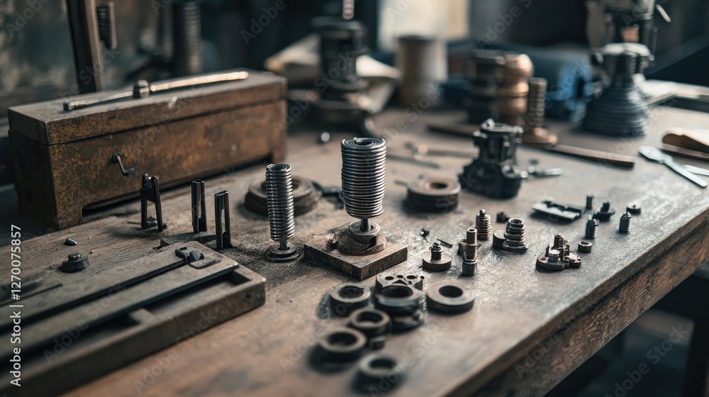 Poster close-up view of an industrial workshop workbench with metal springs and various tools, emphasizing 