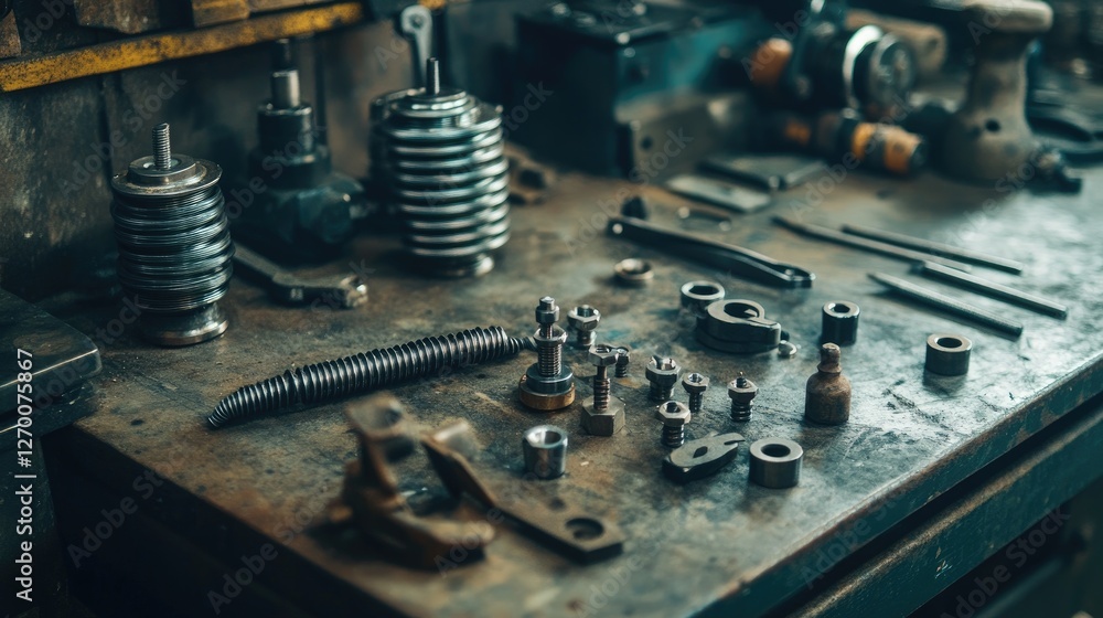 Aufkleber close-up view of an industrial workshop workbench with metal springs and various tools, emphasizing 