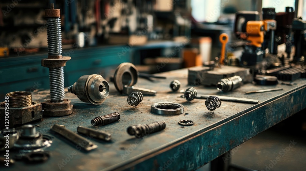 Poster close-up view of an industrial workshop workbench with metal springs and various tools, emphasizing 