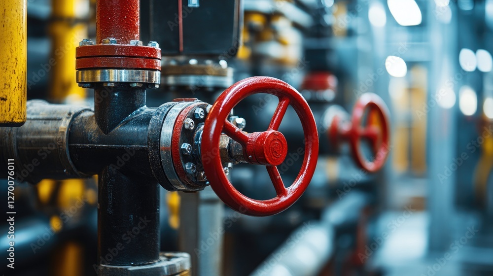 Poster detailed view of pipes and red valves, highlighting the intricacy of industrial machinery and the im