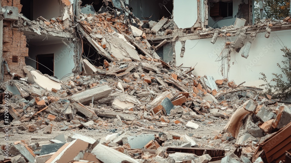 Poster Debris and structural ruins from a destroyed building seen from the side, creating an impactful visual of destruction and reconstruction.