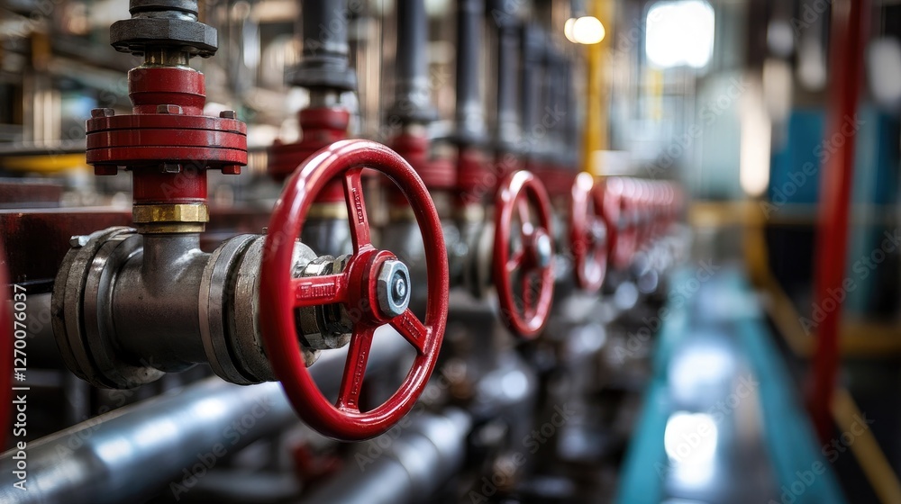 Poster detailed view of pipes and red valves, highlighting the intricacy of industrial machinery and the im
