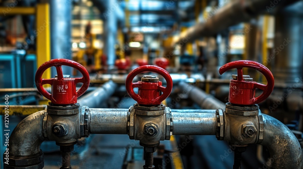 Poster detailed view of pipes and red valves, highlighting the intricacy of industrial machinery and the im