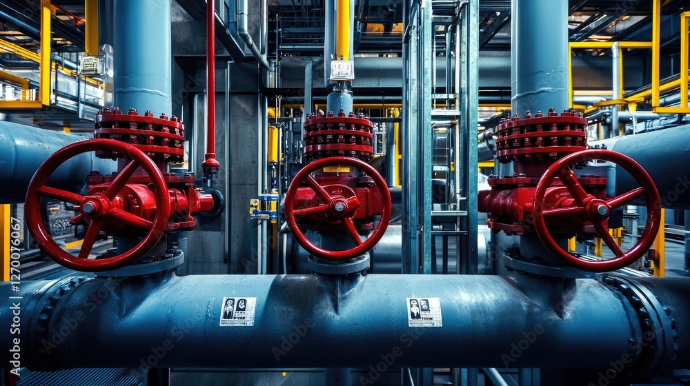 Poster detailed view of pipes and red valves, highlighting the intricacy of industrial machinery and the im