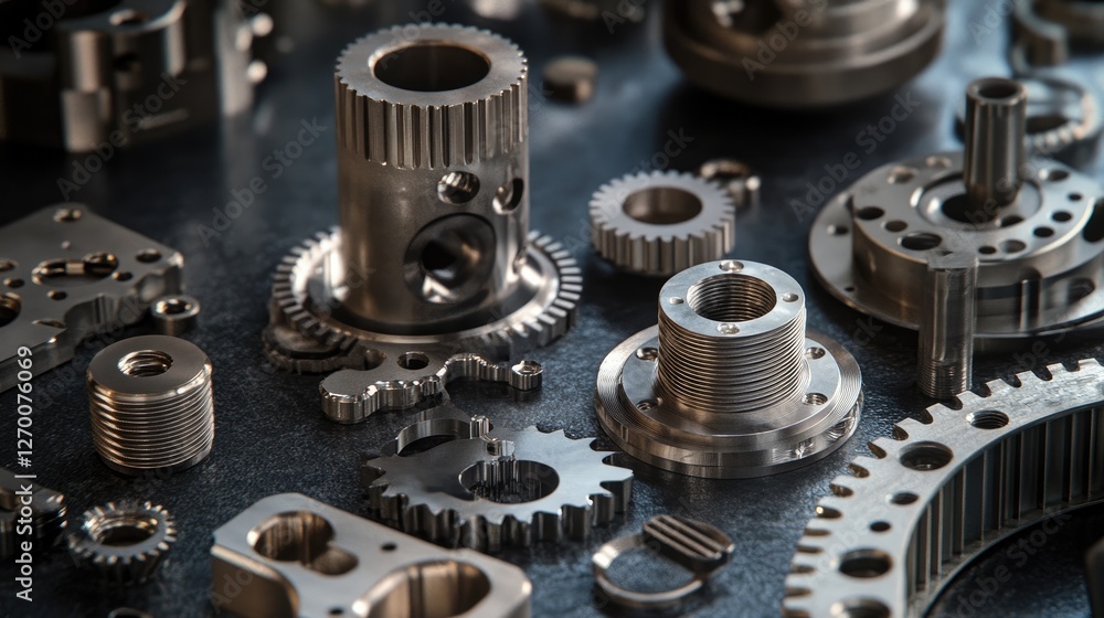 Aufkleber different metallic industrial components displayed on a dark surface, focusing on their textures and