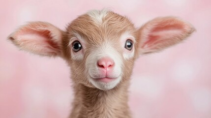 Fototapeta premium Baby lamb portrait against pink background