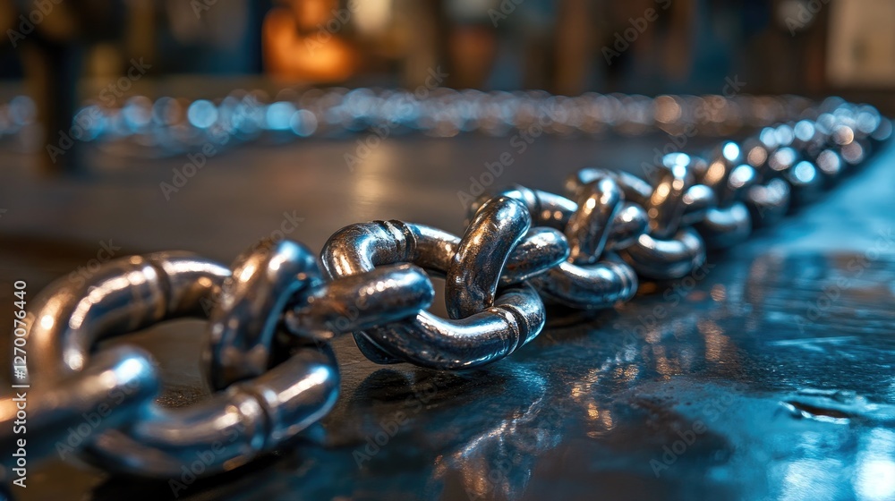 Poster heavy metallic chains lay on an industrial workbench, with reflections highlighting the texture and 