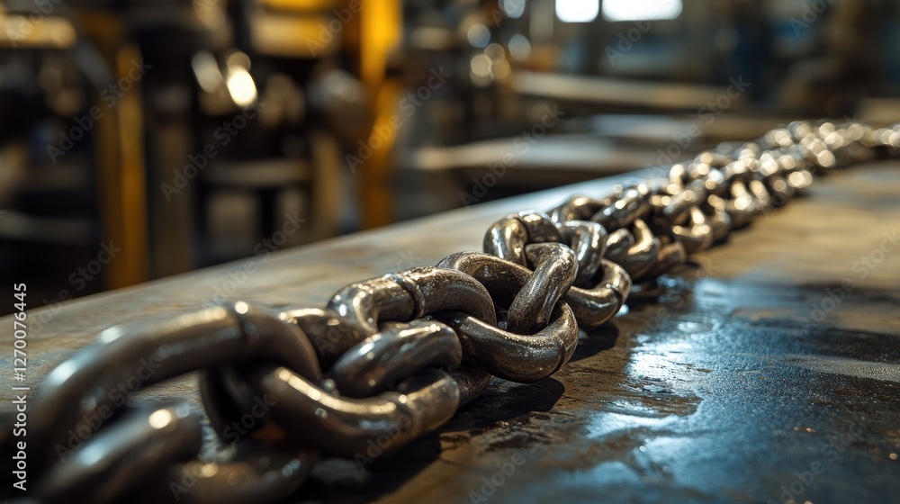Poster heavy metallic chains lay on an industrial workbench, with reflections highlighting the texture and 