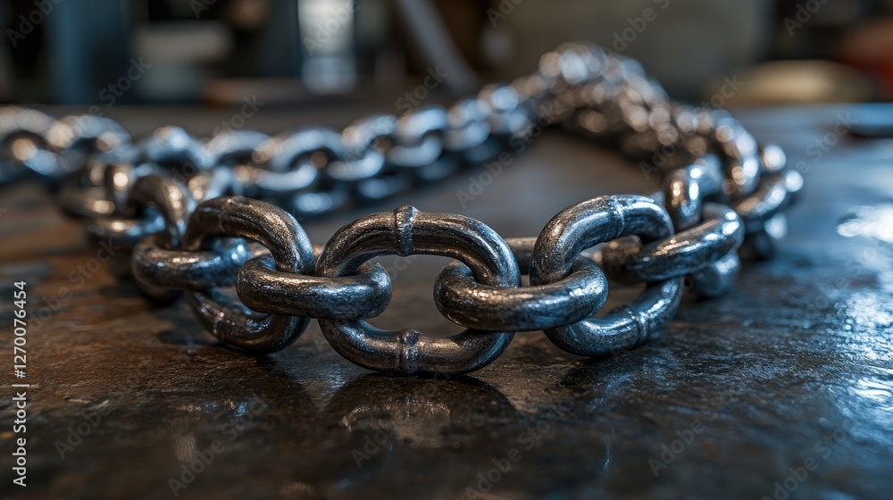 Poster heavy metallic chains lay on an industrial workbench, with reflections highlighting the texture and 