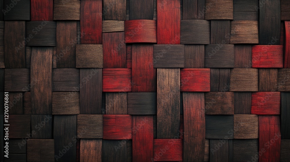 Poster intricate interwoven wooden texture, featuring dark brown and reddish-brown blocks, creating a visua