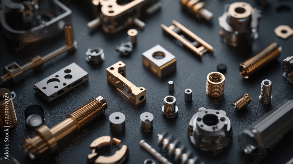 Poster Metallic parts and fasteners scattered across a dark surface, displaying intricate design and craftsmanship in industrial components.