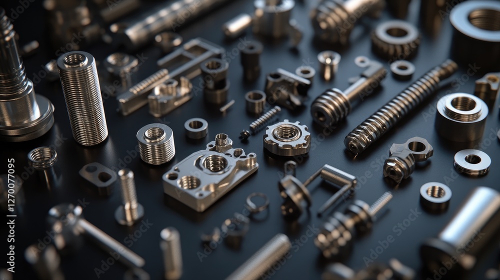 Poster Metallic parts and fasteners scattered across a dark surface, displaying intricate design and craftsmanship in industrial components.