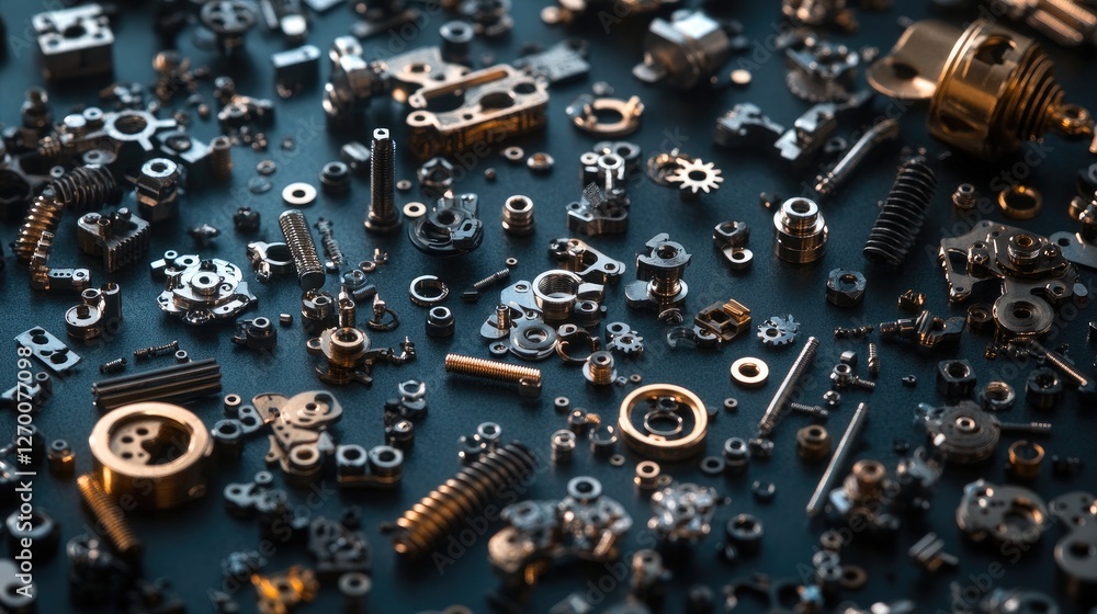 Poster metallic parts and fasteners scattered across a dark surface, displaying intricate design and crafts