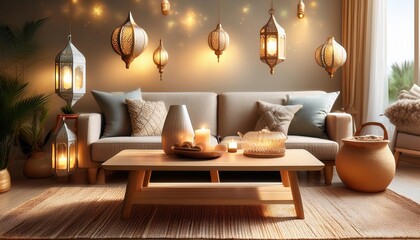 Welcoming Eid Festivities Cozy Living Room Setup with Table Sofa and Lanterns