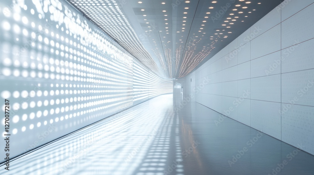 Poster futuristic illuminated corridor with dot patterns and smooth reflective floor