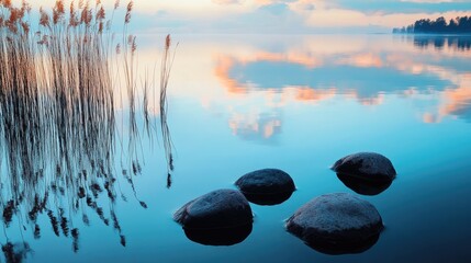 Peaceful lakeside scene with smooth rocks, tall reeds swaying gently, and the serene reflection of the sky on calm water at twilight.