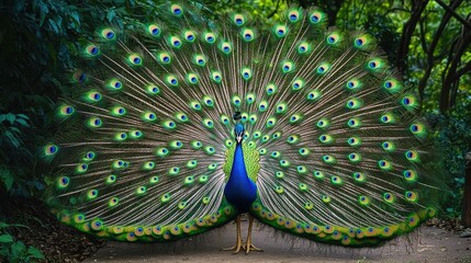 Obraz premium Peacocks with their magnificent, vivid plumage fully displayed, creating a striking and elegant visual in a natural, wild setting.
