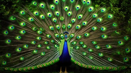 Obraz premium Peacocks with their magnificent, vivid plumage fully displayed, creating a striking and elegant visual in a natural, wild setting.