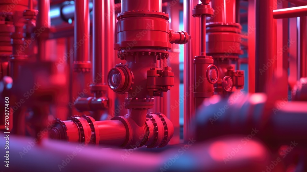 Poster red valves and pipes arranged in an industrial setting, showcasing the mechanics of the system in a 