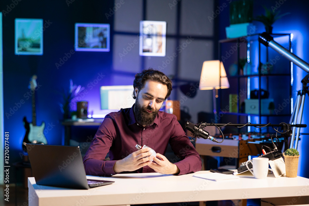 Poster tech expert repairing smart light bulb live on online streaming platforms. internet star hosting sho