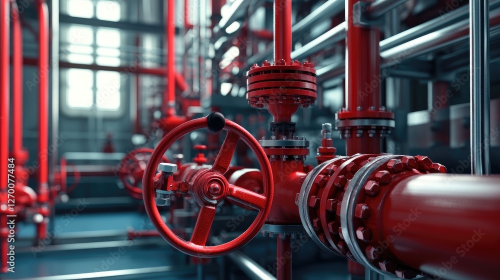 Poster Red valves and pipes arranged in an industrial setting, showcasing the mechanics of the system in a detailed and efficient environment.