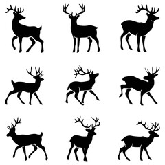 Set of Vintage Style Deer and Stag Silhouettes Vector Illustrations, Featuring Various Poses and Majestic Antlers, Ideal for Hunting Logos, Wildlife Emblems, and Nature Designs