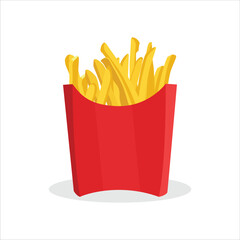 Vector illustration of french fries in cartoon flat style. French Fries potato fast food in Red Carton Package Box Isolated on White background. Delicious fast food on the white background