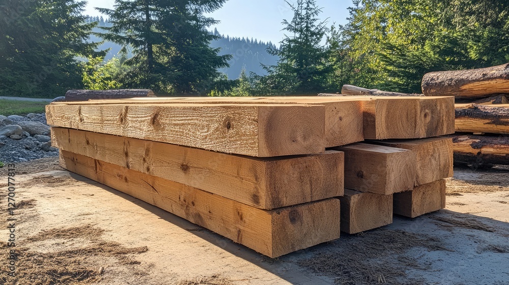 Poster square lumber beams stacked high, drying under the warm sunlight, with logs and greenery in the back